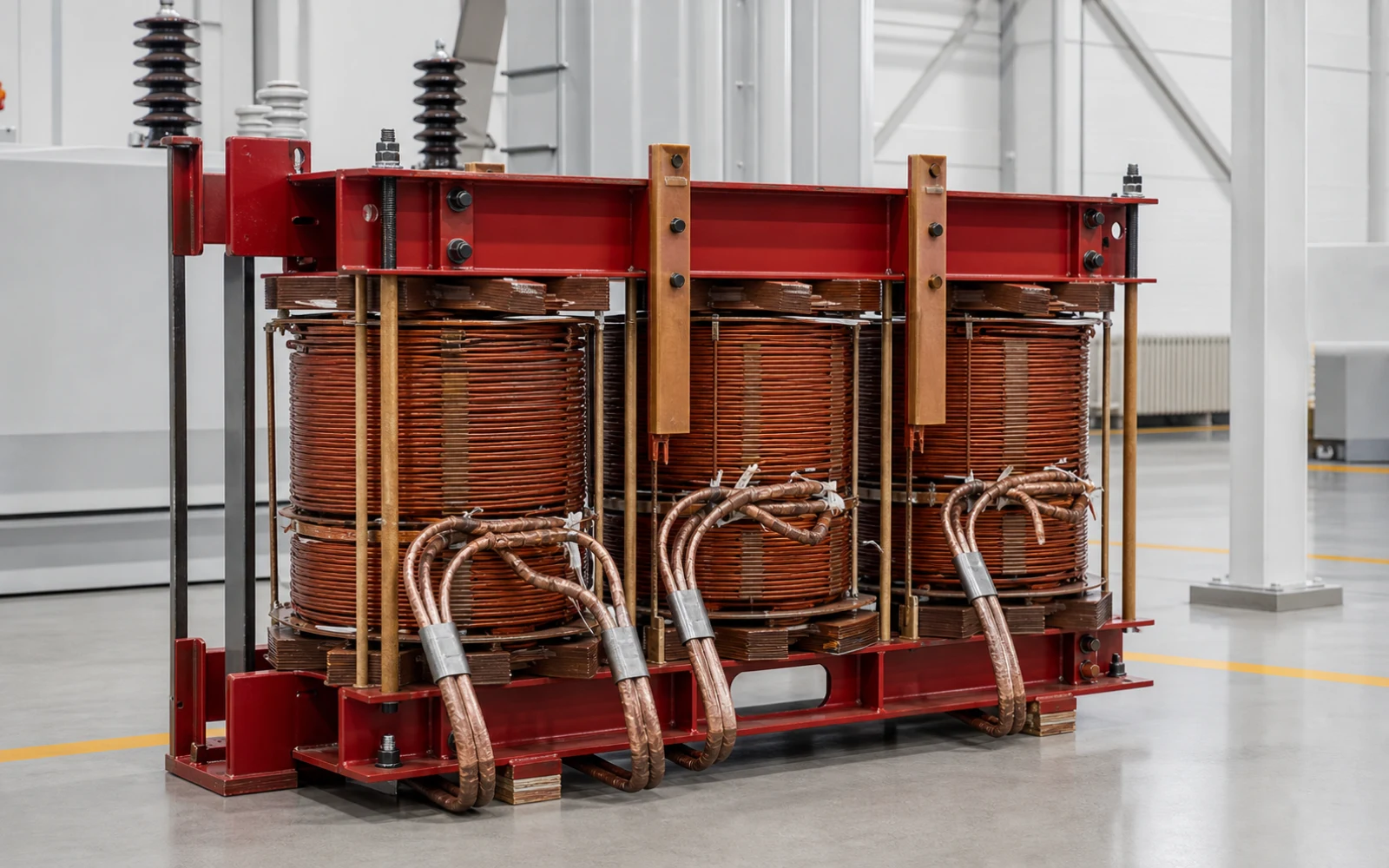 Complete three-phase transformer active part during assembly