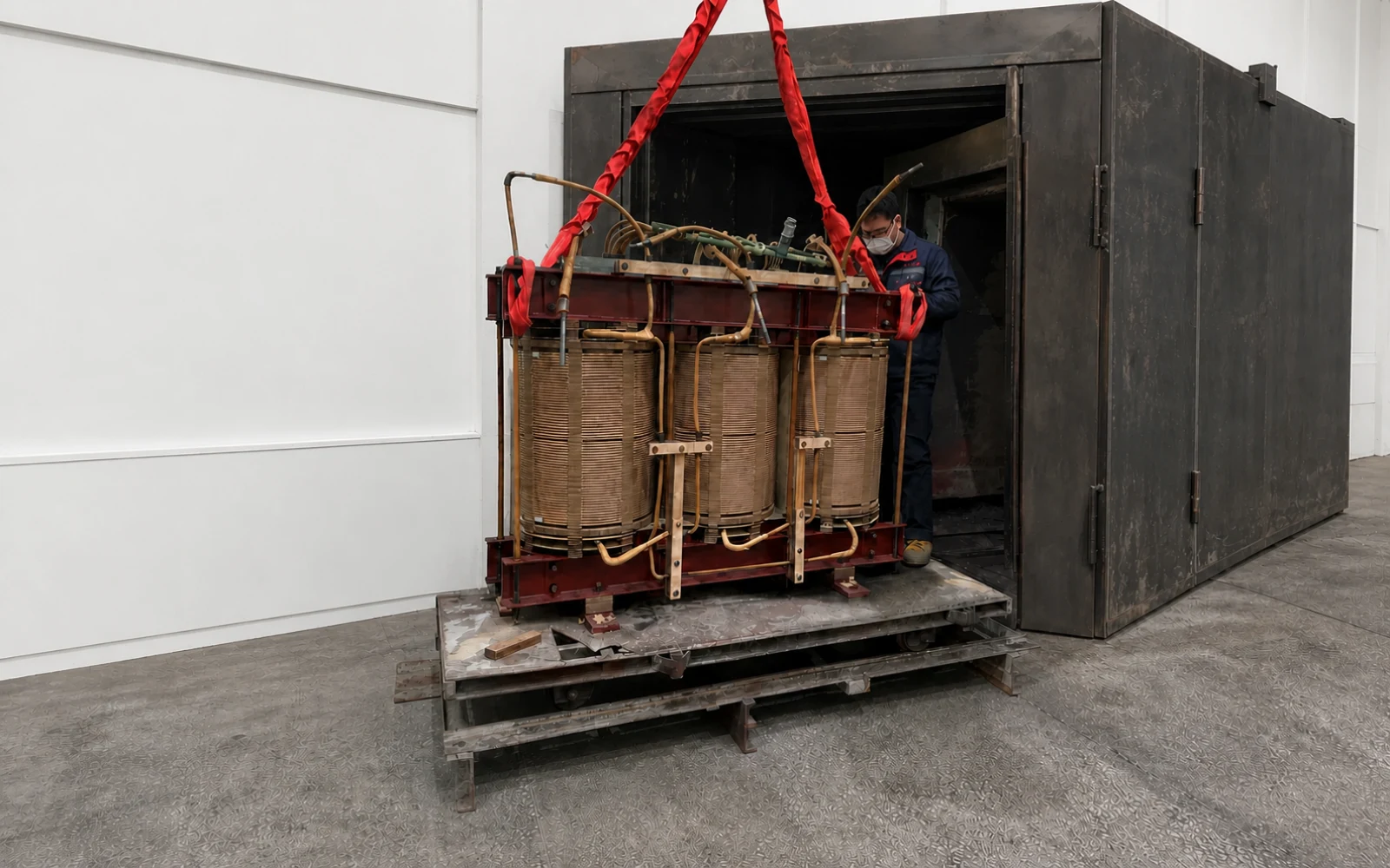 Transformer active part being moved into a large industrial drying oven