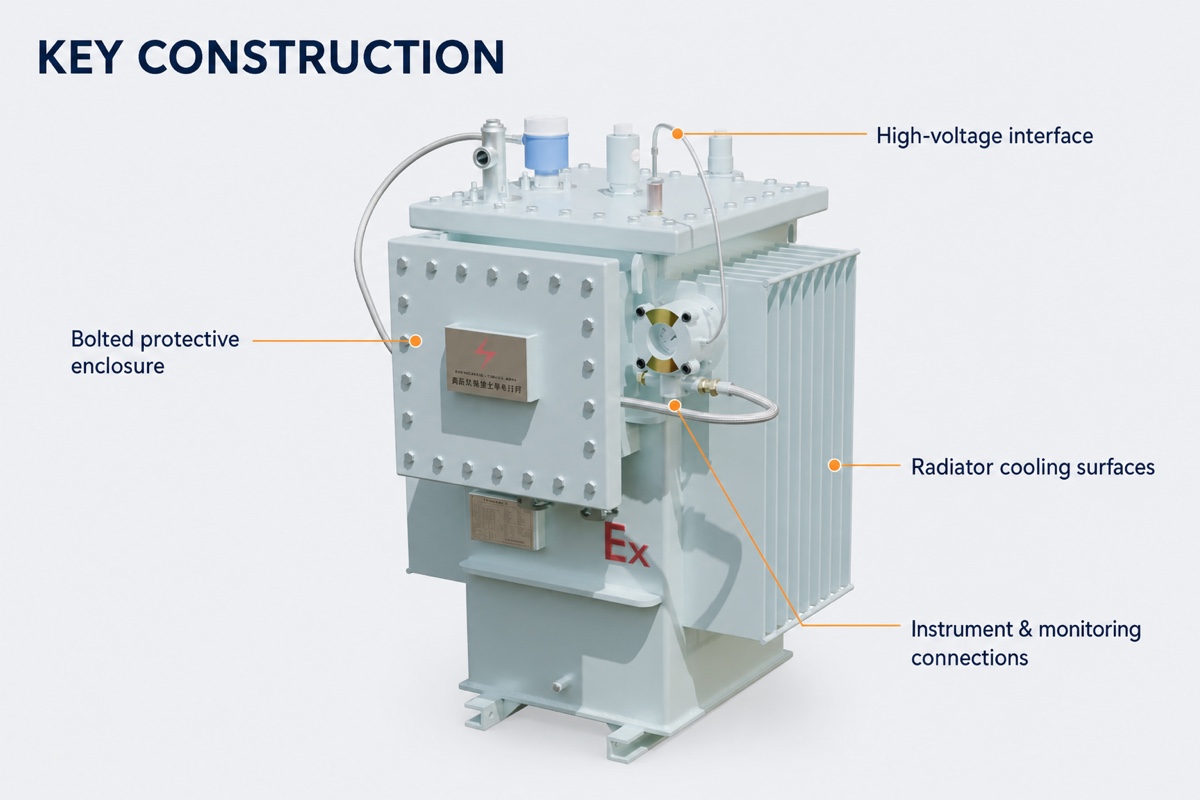 Key visible construction features of the desalter transformer