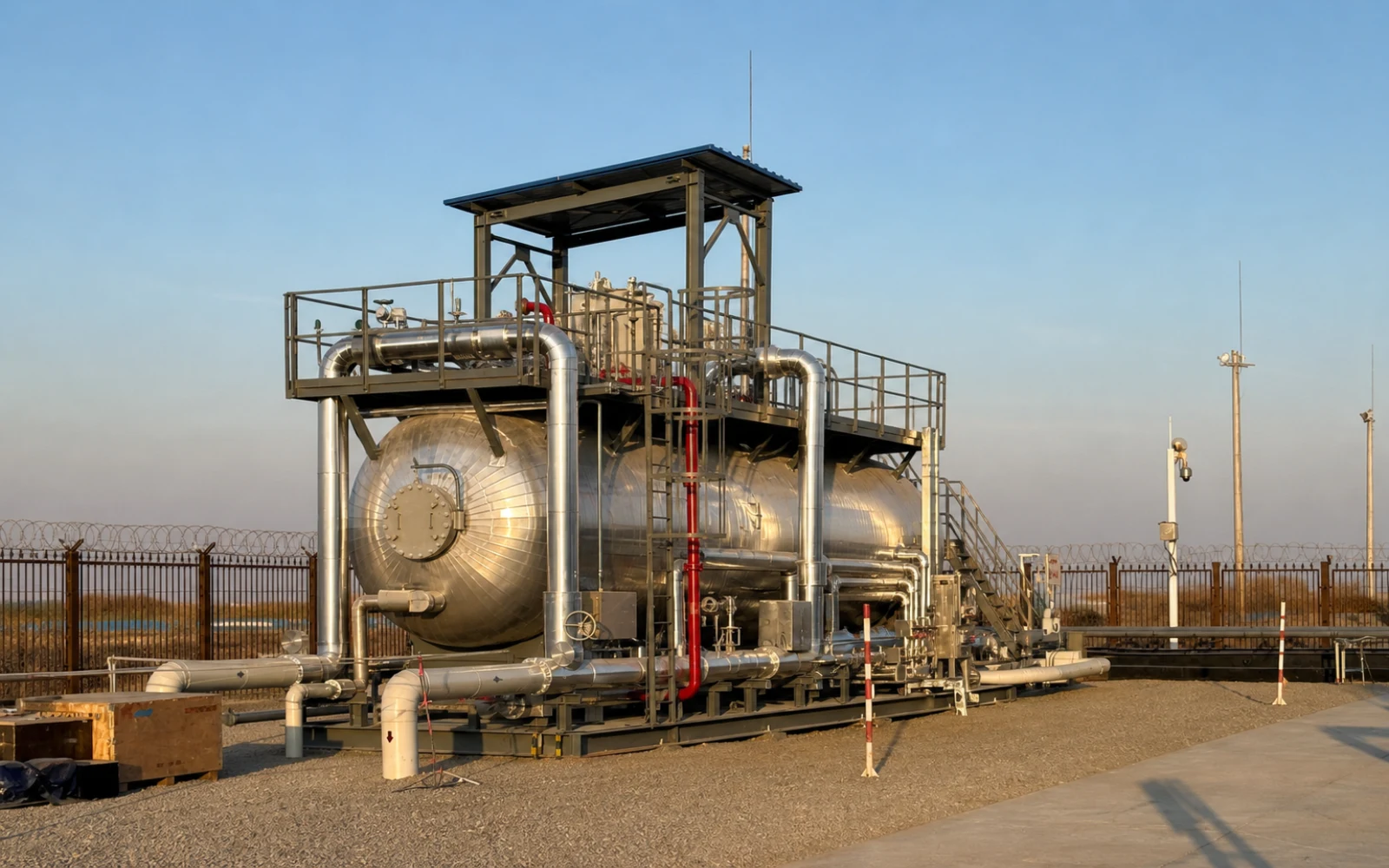 Complete electrostatic crude-oil desalter and dehydrator skid with vessel, platform and piping